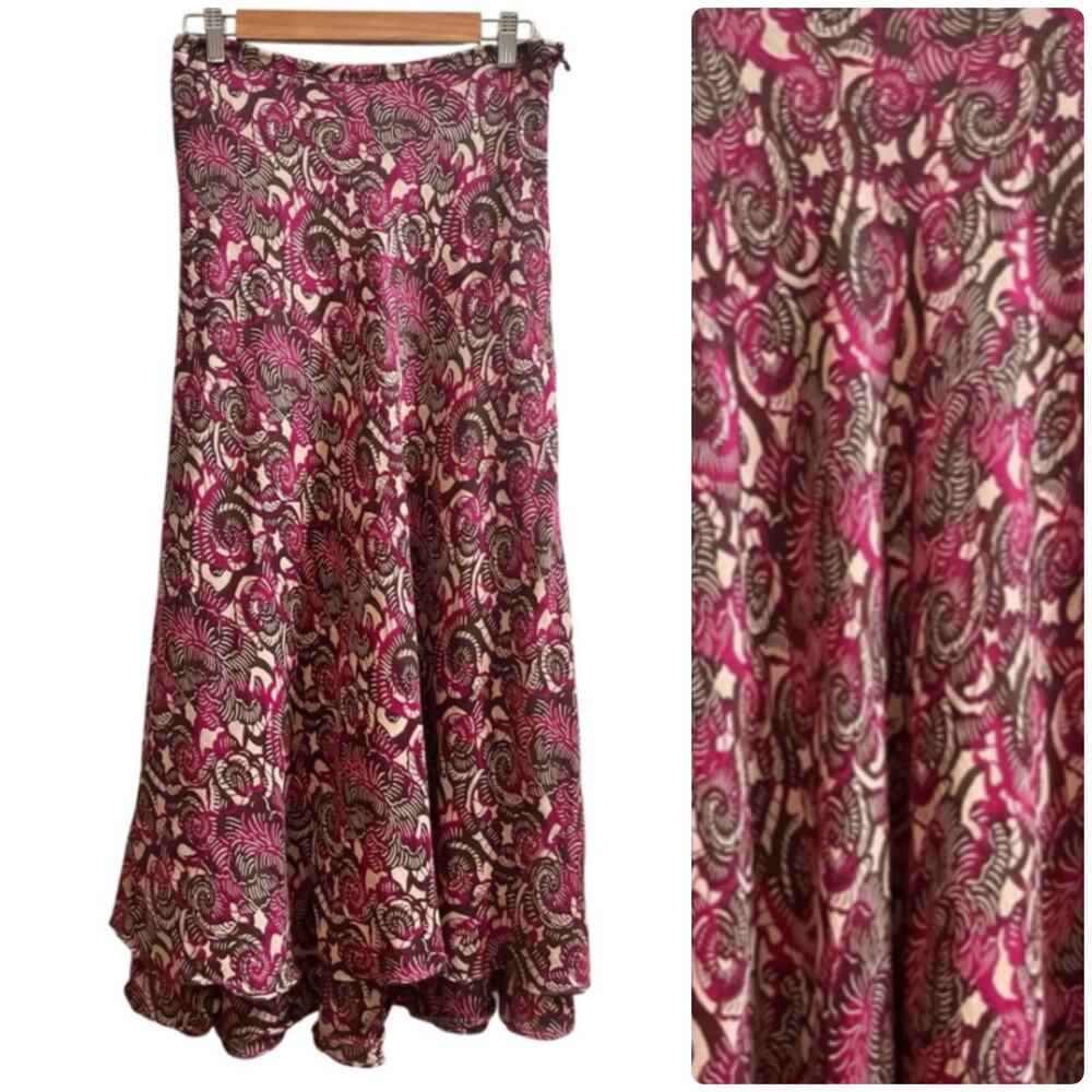 Vintage Y2K Boho Silk Linen Blend Print Tiered Hem Fully Line Midi Skirt Medium